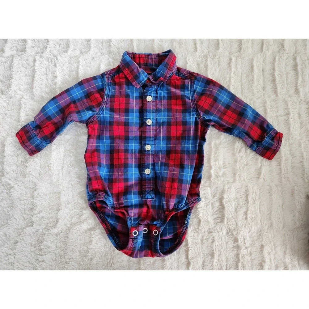 Osh Kosh B'Gosh Infant Boy's Size 12M Long Sleeve Blue Plaid Bodysuit‎ Shirt